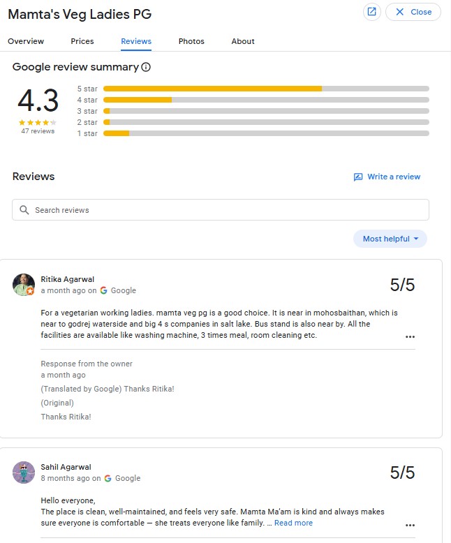 Google review screenshot for Mamta's Veg Ladies PG